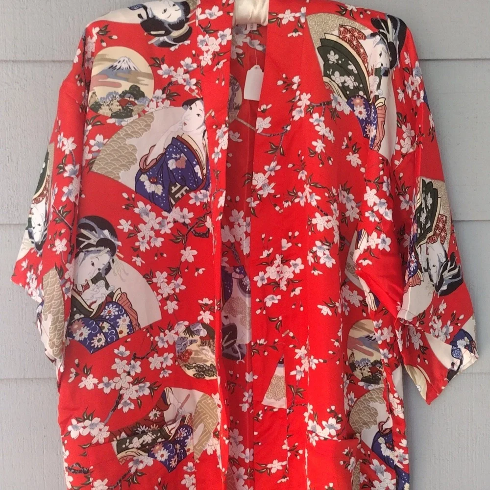 Red Kimono with Geisha Print